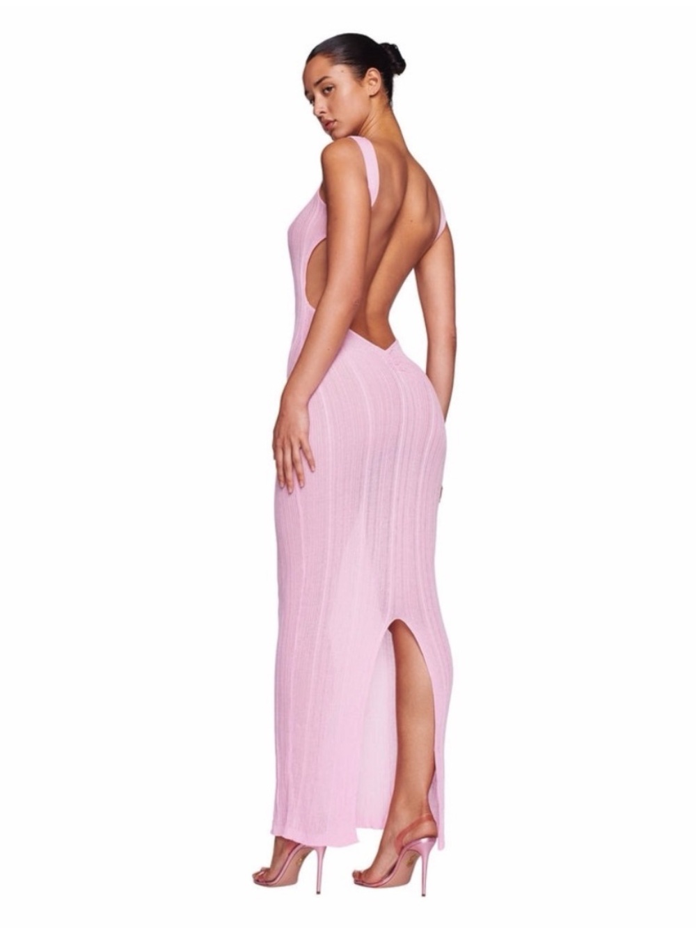 I.AM.GIA Size M Pink Luminara Fine Knit Open Back Maxi Dress Semi-Sheer Ribbed